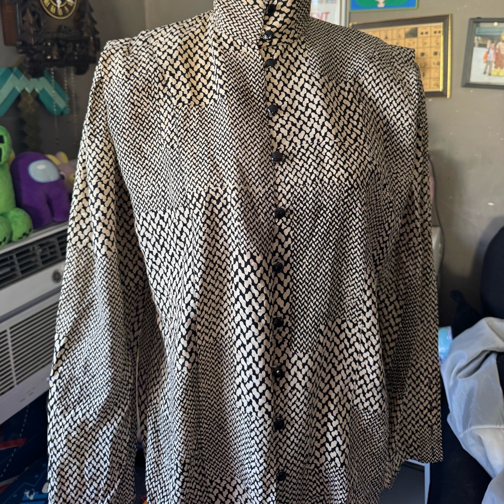 Black &cream Long Sleeve Printed Button-Up Dress 100% silk